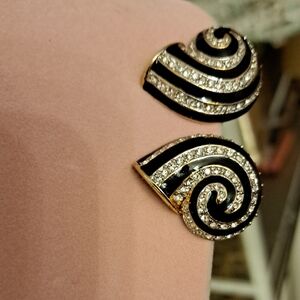 Black Enamel And Whit Rhinestone Avant Guard Swirl  Clip On Earrings